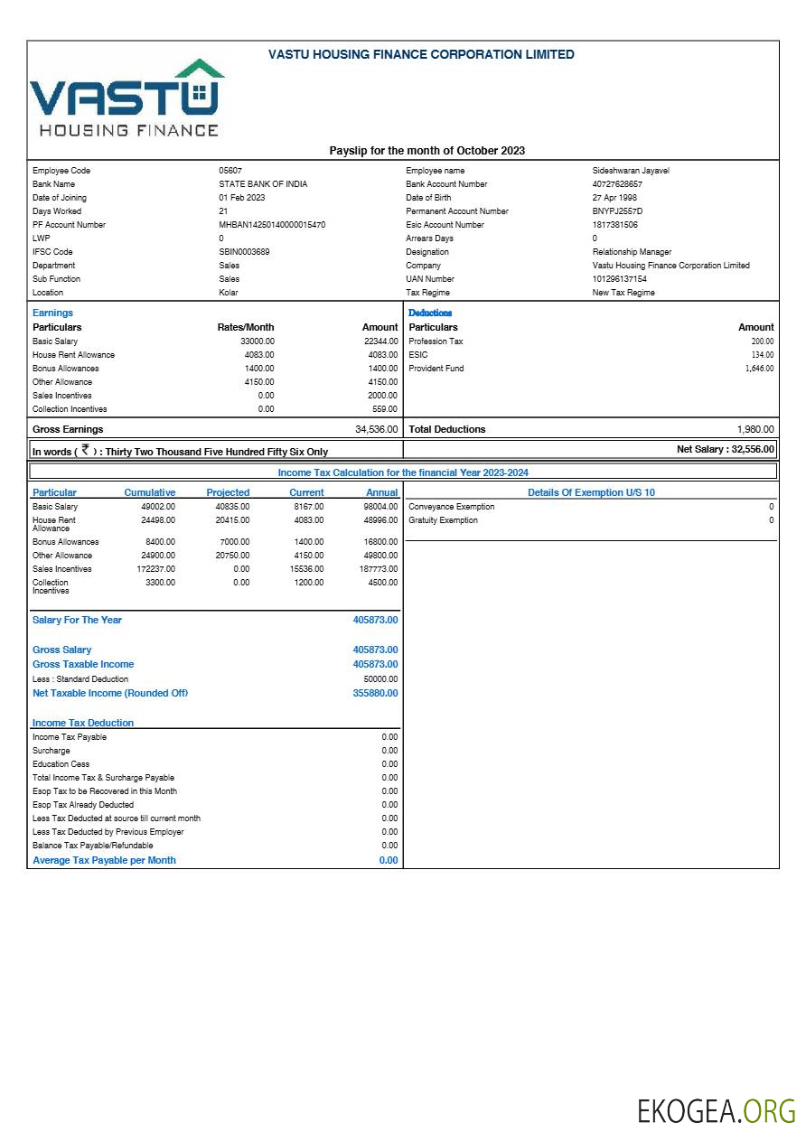Modèle de fiche de paie de Vastu Housing Finance Corporation aux formats Word et PDF.pdf, 1